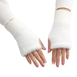 LERTREE Half Finger Gloves Winter Warm Fluffy Fingerless Wrist Warmer Stretchy Knitted Mittens for Women Men (White, L)