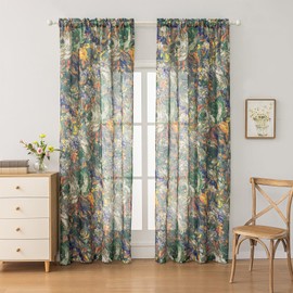 SUOUO Green Vintage Painting Floral Semi-Sheer Curtains Linen Textured for Living Room96 inches Long Rod Pocket Light Filtering Window Drapes for Bedroom Dining 2 Panels