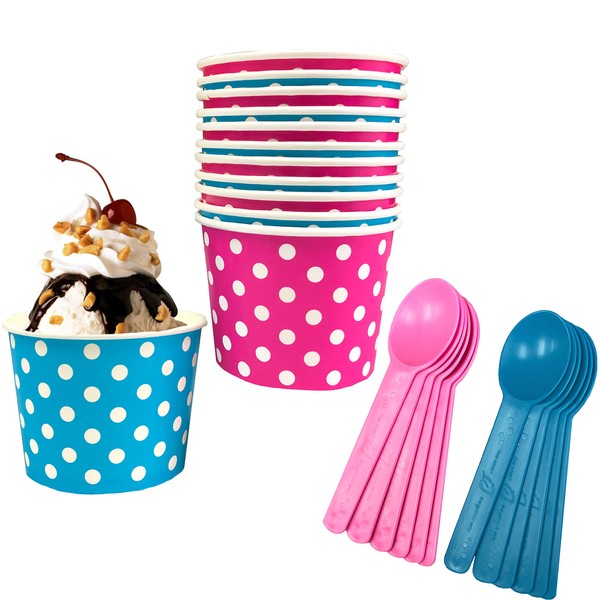 Gender Reveal Ice Cream Party Kit - 12 Ounce Pink and Blue Dot Dessert Treat Cups - Heavyweight Plastic Spoons - 12 Each