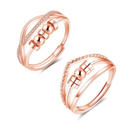 Kamise Anxiety Ring, 2 Pieces 925 Sterling Silver Fidget Spinner Ring Set, Couple Adjustable Anti-Stress Rings, Women's Anxiety Rings with Pearls, Pair Unisex Mood Ring with Zirconia for Women and Men