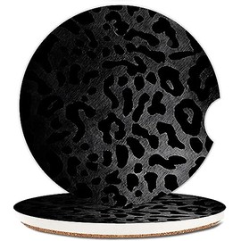 Ceramic Cup Holders Car Coasters for Women/Men,Luxury Absorbent Drink Cup Car Holder Coasters with A Finger Notch 2.56" Pack of 2,Black Leopard Skin