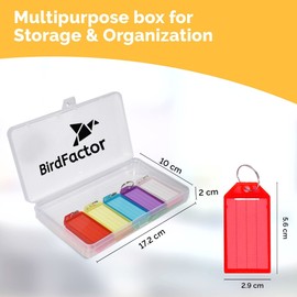 BirdFactor 25 Pack Heavy Duty Key Tags with Labels - 5 Colours, Plastic Box with Extra Paper Labels, Keyrings & Key Fobs with Split Rings for Keys, Pets, Luggage & Memory Stick Tags