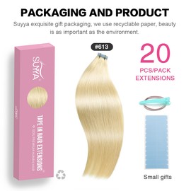 SUYYA Tape in Hair Extensions Human Hair 20 Pcs 40g Invisible Tape Hair Extensions Straight Seamless Skin Weft Tape Extensions Real Human Hair 12 Inches #613 Bleach Blonde