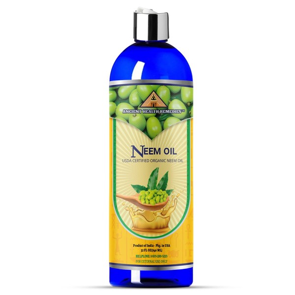 Cold-Pressed Unrefined USDA Certified Organic Neem Oil by Ancient Health Remedies Pure & All Natural-Excellent Bulk Carrier Oil For Anti-aging, Healthy Hair & Skin (INDIA) (32 oz)