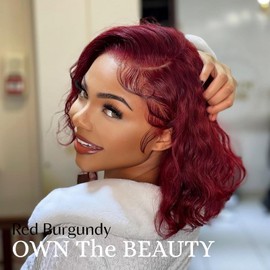 ALHER 4x4 HD Lace Closure Brazilian Human Hair 99j Dark Burgundy Water Wave, 12A Cherry Red Wine Red Color 4x4 Lace Closure 100% Unprocessed Remy Hair Wet n Wavy Free Part & Bleached Knots 14 Inch