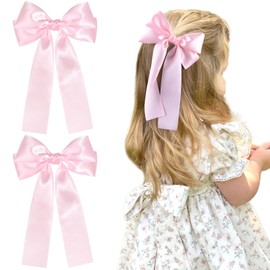 NCMAMA 2Pcs Hair Bows for Girls Hair Clip Pink Silk Hair Bow Ribbon Hair Accessories for Women Toddlers Infant Teens Kids(Pink)