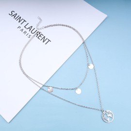 Cimenexe Bohemian World Map Pendant Necklace Layered Sequins Coin Necklace Choker Silver Africa Map Necklace Chain Vintage Disc Choker Necklace Jewellery for Women and Girls