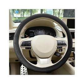 FALVFUN Elastic Stretch Car Steering Wheel Cover, 14.5-15" Leather Non-Slip Breathable Steering Wheel Protector, Sporty Auto Interior Decoration Accessories, Universal Fit (Black)
