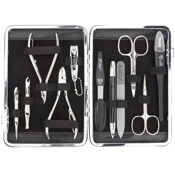 DREI SCHWERTER - 11-Piece Manicure Set 'Fano' | Nail Care Set in Black Faux Leather Case | Contents: Nail Scissors, Nail Clippers, Cuticle Scissors, Sapphire Nail File and Much More
