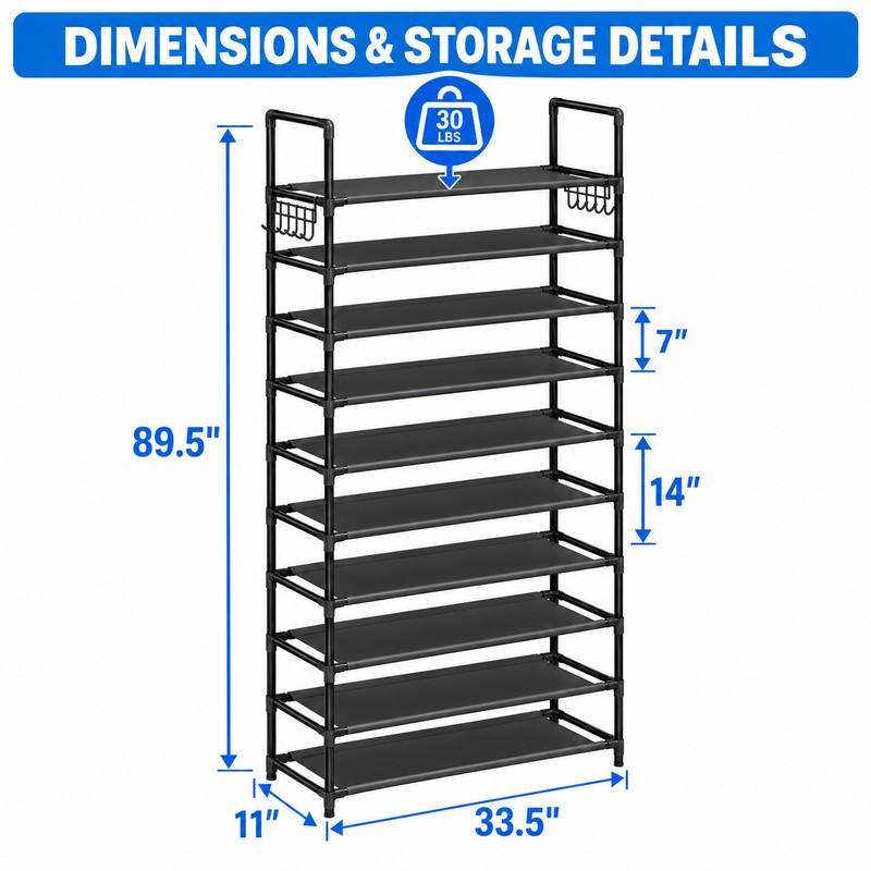 10-Tier Tall Shoe Rack for Entryway & Closet – Large-Capacity