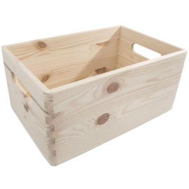 Wooden Open Storage Box with Handles | 30 x 20 x 13 cm | Unpainted & Untreated Decorative Pine for Craft Decoupage | Non-lidded Trunk Crate Keepsake Tool Toy Container Organiser