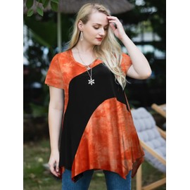 LARACE Tie Dye Shirt Womens Summer Clothes Asymmetrical Plus Size Tops Color Block Tunic to Wear with Leggings(B-Orange/Black 4X)