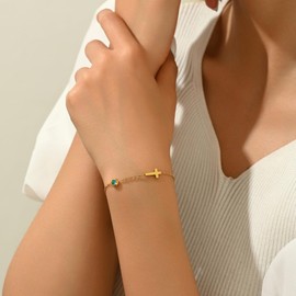 RATVIU Gold Bracelets for Women 18K Gold Plated Cross Bracelets Dainty Birthstone Bracelets Simple Birthday Faith Confirmation Jewelry Gifts