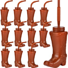 ALINK Cowboy Boot Cups with Straws and Lids, 12pcs 10oz Kids Party Cowboy Cups for Western Rodeo Themed Party Favor, Birthday, Holiday, Events Supplies and Decorations - Brown