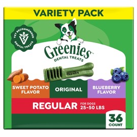 Greenies Veterinarian-Recommended Natural Dental Dog Treats, Dental Chews for Dogs, Regular Size, Variety Pack, (3) 12 oz. Packs, 36 Count