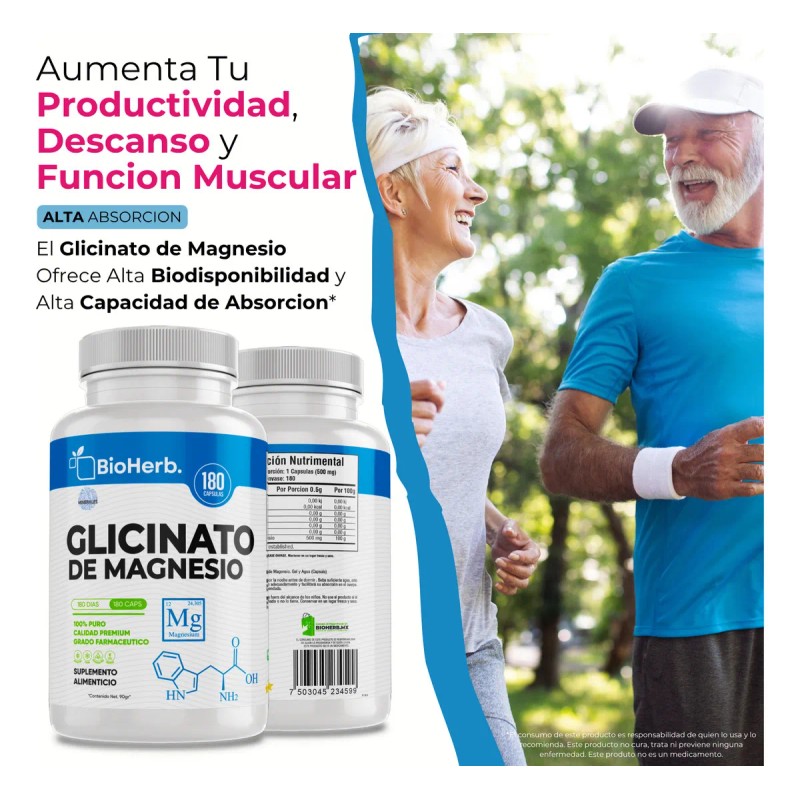 Glicinato De Magnesio 100% Puro Bioherb 180 Cápsulas 500mg Sabor