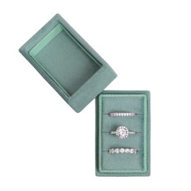 BLUTETE Rectangle 3 Slots Italian Velvet Jewelry Box Engagement Wedding Photo Ring Box Keepsake Box Triple Ring Gift Box (Emerald Green)