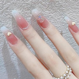 Brishow Artificial Nails Tulip Press On Nails Pink Heart Nails for Sticking Ballerina Acrylic False Nails Pack of 24 for Women and Girls (c)