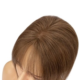 Hair Topper Real Human Hair Toppers for Woment with Thinning 11 Inch 360° Cover Clip in with Bangs Upgrade Lace Base Daily Wear, Medium Brown