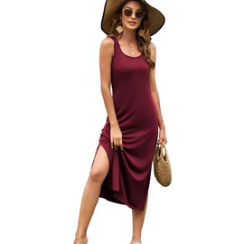 Naggoo Women's Sleevelee Tank Dress Midi Summer Casual Scoop Neck Basic Split Maxi Tshirt Sundresses with Pockets Wine Red