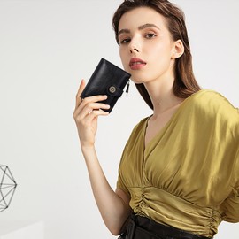 HKCLUF Women's Small Cowhide Genuine Leather Bifold Wallet with RFID Blocking Card Holder with Zip, 2-1 Black, Elegant, sleek, minimalist, classic, timeless