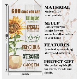 Christian Inspirational Quote Wood Decor Sign, God Says You Are, Bible Verses Decor Signs, Hanging Printed Wooden Plaque Decor, Rustic Home Decor Sign, Sunflower Christian Gift Decor 12x6 inch