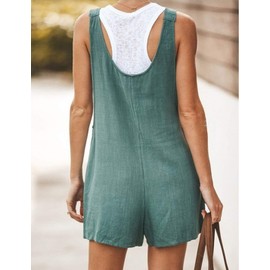 Yeokou Women's Casual Summer Cotton Linen Rompers Overalls Jumpsuit Shorts(DarkGreen-M)