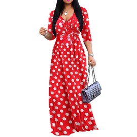 Womens Vintage Red Polka White Dot 50s Retro Warp V Neck Casual Cocktail Party Swing Long Maxi Dress