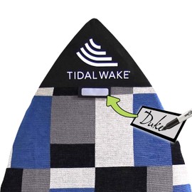 Tidal Wake TAG-IT Pointed Nose Surf & Wake Board Sock Cover with Built-in CARRYING HANDLE & NAME TAG, Personalize - Small 52-53", Tag Your Bag (Blue & Gray Colorblox Design)