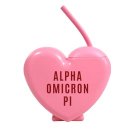 Sorority Shop Alpha Omicron Pi Tumbler with Straw - Candy Heart Shaped 16 Oz Tumbler with Lid and Silicone Straw, Reusable Plastic Cup with Screen Printed Sorority Name for any Cold Drink