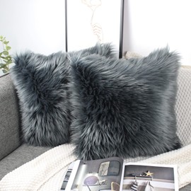 OYIMUA Soft Decorative Cushion Covers Decorative Cushion Sheepskin Lambskin Faux Fur Long Hair Decorative Cushion Cover Faux Fur Sofa Cushion Cuddly Cushion (Anthracite, 40 x 40 cm)
