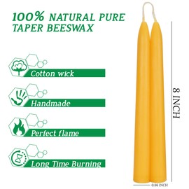 Beeswax Taper Candles, 8" 4 Pack Natural Bees Wax Tapers Candle Sticks - Unscented, Dripless and Smokeless - 8 Hour Long Burning Time for Home Decor, Wedding, Party