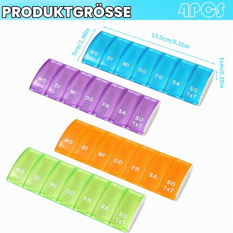 Pill Box 7 Days Small, Pack of 4 Weekly Dispensers