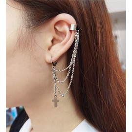 Vintage Tassel Dangle Ear Cuff Crawler Climber Earring for Women Stainless Steel Cartilage Small Hoop Wrap Vine Clip on Layered Chain Drop Fashion Lightweight Comfy Jewelry 1 Piece (Cross)