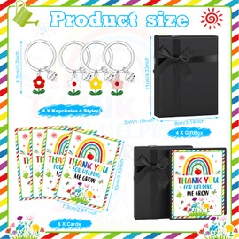 HOWAF 4 Pack Thank You Teacher Gifts for Women Men, Small Thank You Teacher Cards with Flower Keyring, teacher Appreciation Gifts, Assistant, Cadeau Enseignante Cadeau Professeur, C