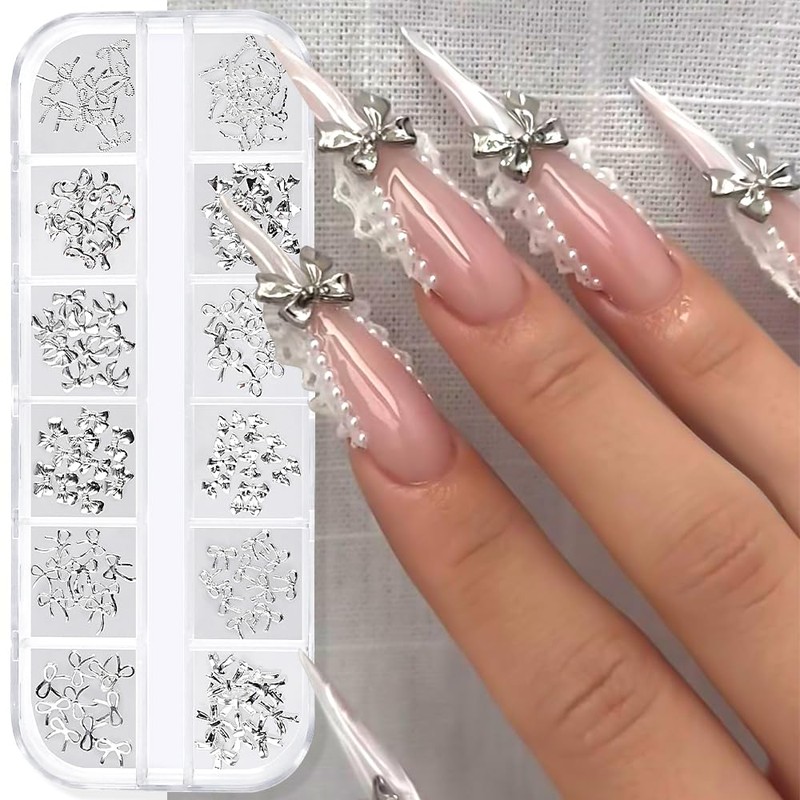 1Box/12Grid Silver Bow Nail Charms Bows For Nails Charms Multiple