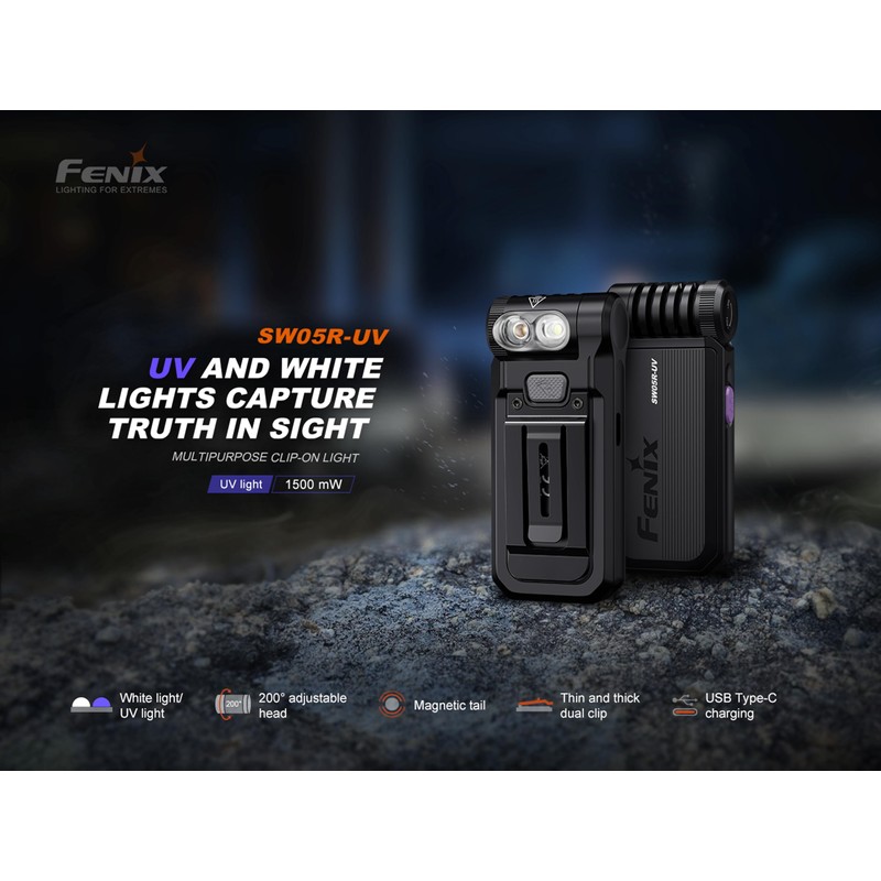 Fenix SW05R-UV Clip-on UV Flashlight, 150 Lumens, USB-C Rechargeable, Built-in