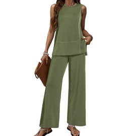 BB&KK Women's 2 Piece Lounge Set 2025 Summer Casual Loose Tank Top Wide Leg Pants Matching Beach Vacation Outfit Army Green S
