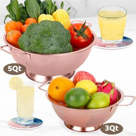 Solorprint Colander with Coaster, 3 Quart Stainless Steel Pasta Rice Food Metal Strainer with Handles and Self-draining Base, Colander for Kitchen, Rose Gold