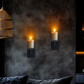 Wall Candle Sconces Set of Two, Rustic Black Wood Wall Candle Holder Decor, Farmhouse Wooden Candle Holder Decor for Fireplace, Hallway, Living Room, Bedroom