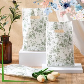 Supervitae 100 Pcs Plastic Green Gift Bags Flower Party Favor Bags Bulk with Handles for Birthdays Weddings Bridal Baby Showers Snacks Goodie Candy Treat Tea Party Supplies