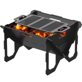 Adreak 20 inch Fire Pit, Outdoor Portable Firepit with BBQ Tray, Detachable Camping Steel Fire Pits for Backyard, Patio, Picnic, Bonfire, Garden (Black-Large)