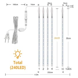 DAHAN Luces de Lluvia de Meteoritos, 30cm, 10 Tubos 240 Luces LED de Carámbano Impermeable, Luces de Lluvia Que Caen, para Decoración de Árbol, Aleros, Techo, Patio, Jardín (Blanco Frío)