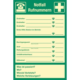 Sign Sicherheitsaushang Emergency Call Numbers | Photoluminescent | PVC 30 x 20 cm | UV Stable | Weather Resistant | Rescue Sign Rescue Sign with Emergency Numbers for Self-Labelling