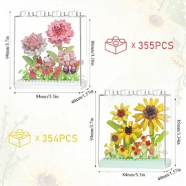 CYIOU 2 Boxes Flower Building Blocks Set Mini Sunflower Carnation Flowers Clamping Blocks with Acrylic Display Case Flowers Building Blocks with Dust Cover for Home Decoration Botanical Collection
