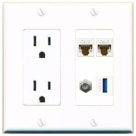 Wall Plate City 2 CAT6 COAX USB-3 Port Wall Plate w/Power Outlet White