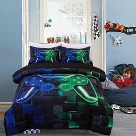 A Nice Night Boys Twin Size 5-Piece Game Console Comforter Set, for Kids Teen 3D Black Background Blue Green Gamepad Gaming Printed Matching Sheet Sets