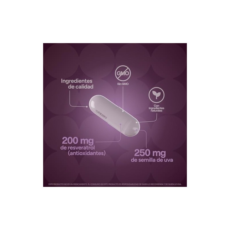 Resveratrol 200mg Puro 120 Cápsulas con Semilla de Uva Nutrabasics