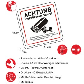 CHINYROZA Achtung Videoberwachung Schild mit DSGVO Hinweis, 1515cm Videoberwachung Schild Aluminium Reflektierend mit Selbstklebend Schild Kameraberwachung Metall 2St