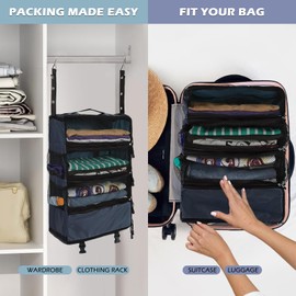 Surblue Travel Hanging Luggage Organizer Portable Suitcase Closet Organizer Multiple Compartments Collapsible Compression Packing Cubes Shelf, Navy, M